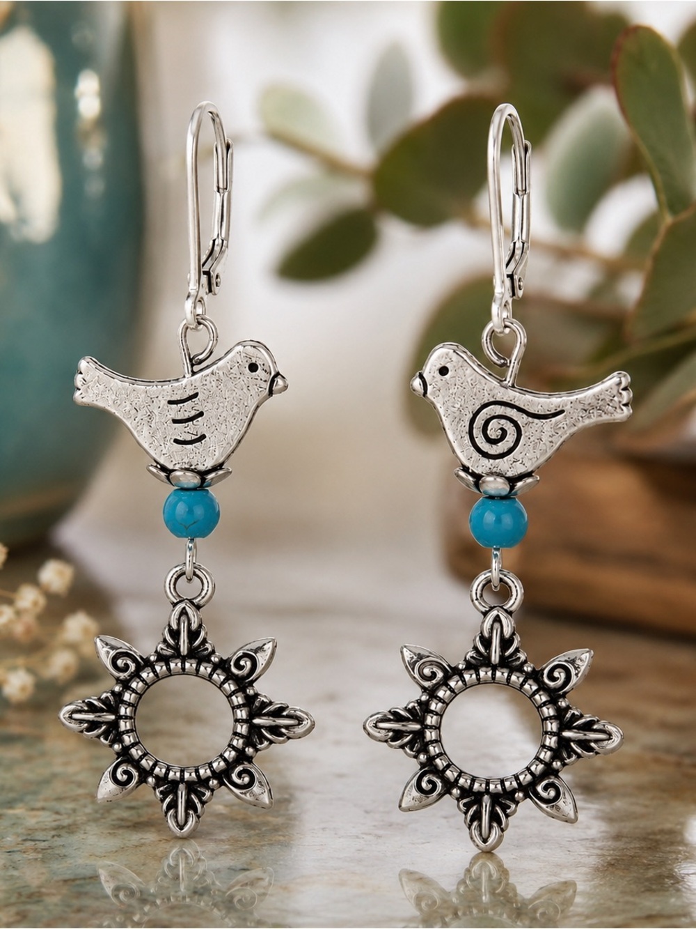 Bird Sun Charm Earrings, Turquoise Beads, Boho Nature Dangles